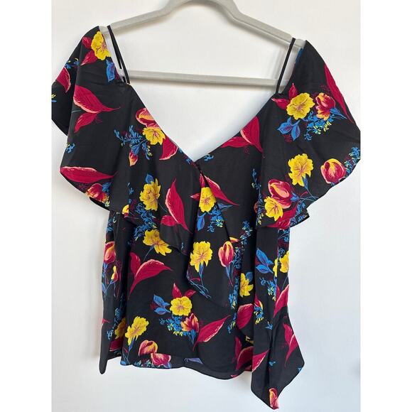 DIANE VON FURSTENBERG 100% Silk Floral Ruffle Front Top in Silese Black, Size S - Picture 5 of 6